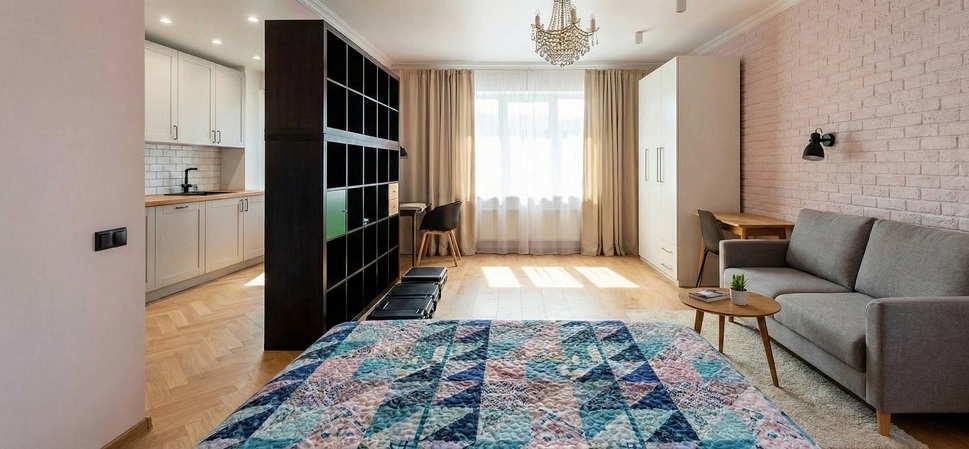 Дизайнерский ремонт студии 29 м² — современная кухня-гостиная после ремонта